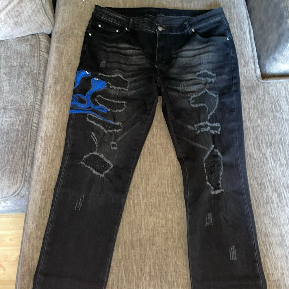 AMIRI Black and Blue Skinny Jeans with Distressed Detailing